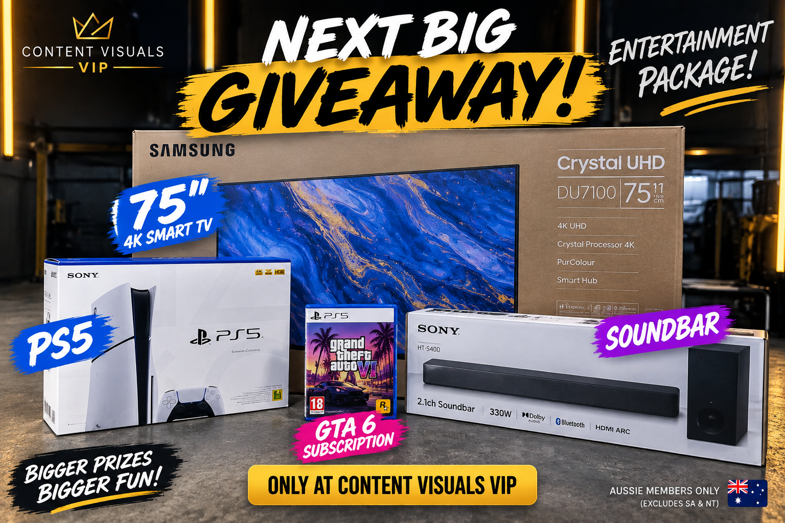 Entertainment package giveaway artwork showing a boxed 75-inch TV, PlayStation 5, soundbar and illustrative GTA 6 game case